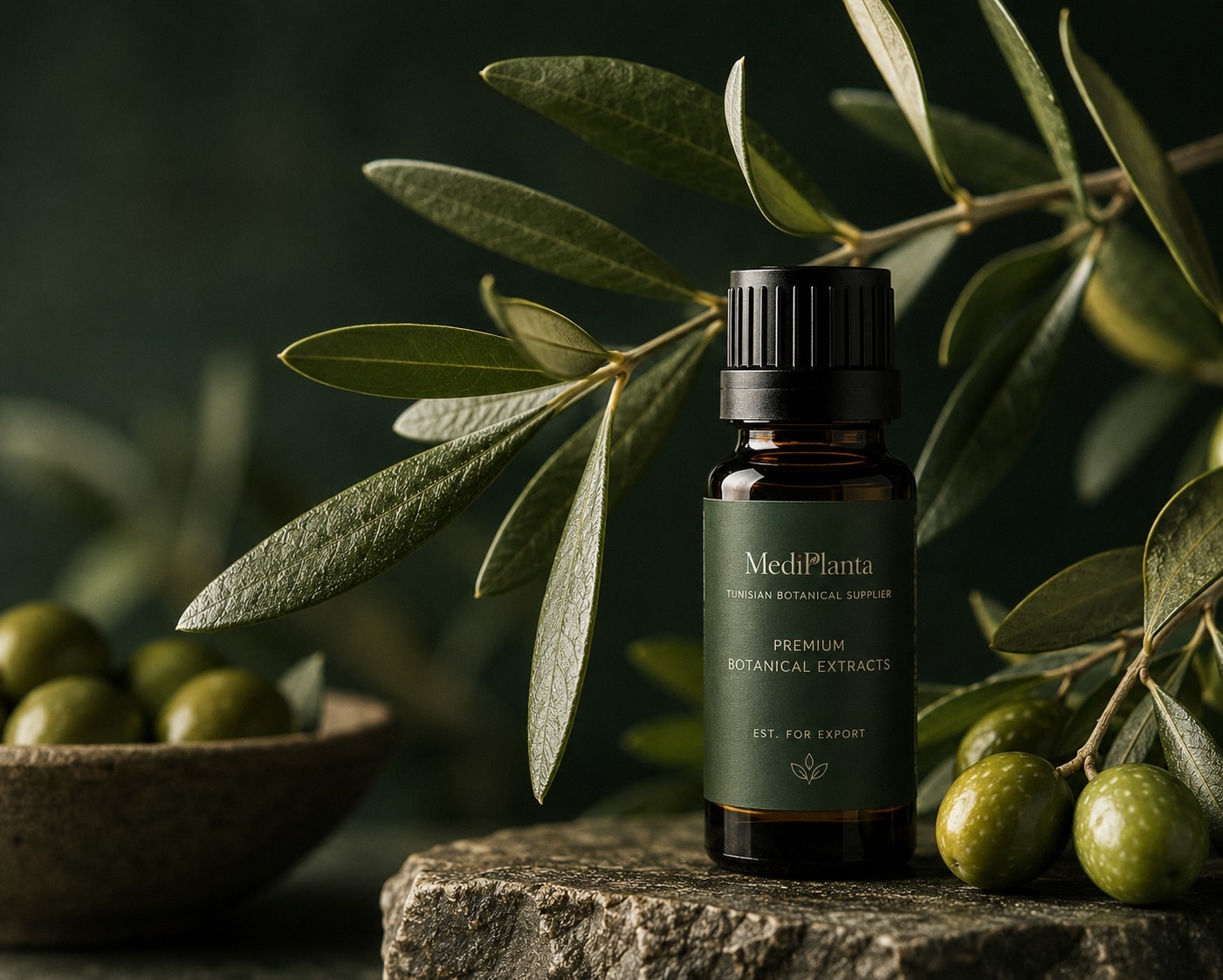 MediPlanta premium botanical extracts — amber bottle beside fresh olive branches