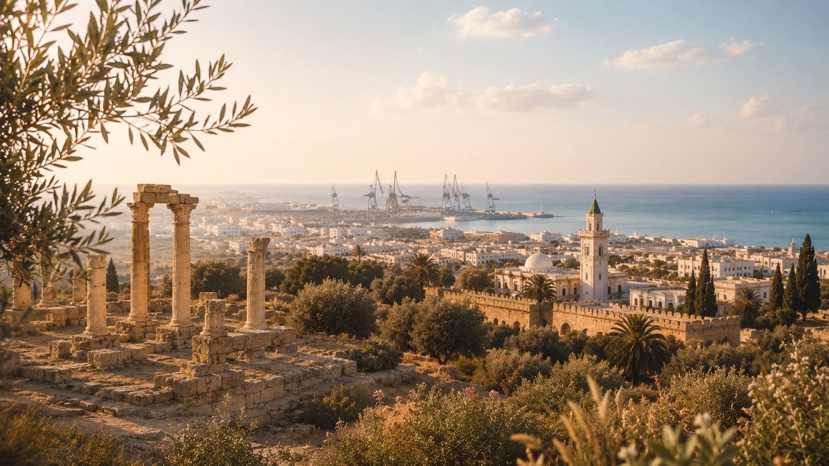 Illustrative view of a Mediterranean coastal city with ancient ruins, olive branches and a working port, evoking the Sfax and Thyna region.
